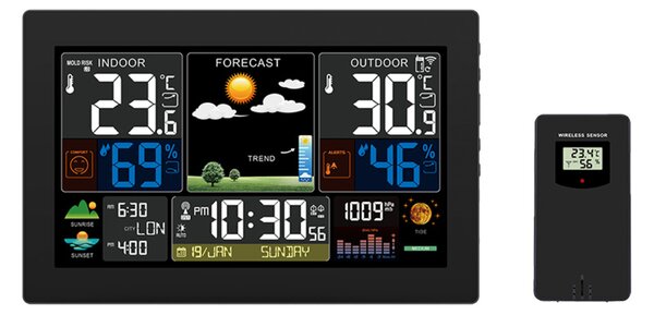 Solight meteostanice, XL barevný LCD, teplota, vlhkost, tlak, RCC, černá TE81XL