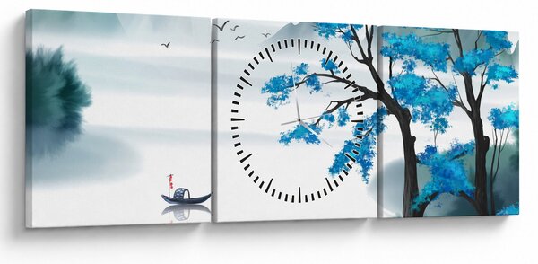 Obraz - Malované jezero s loďkou (s hodinami) (90x30 cm)