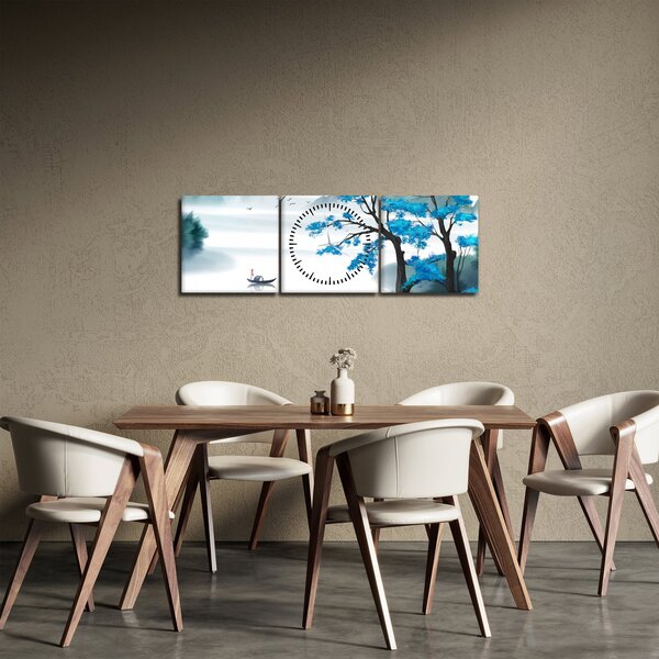 Obraz - Malované jezero s loďkou (s hodinami) (90x30 cm)