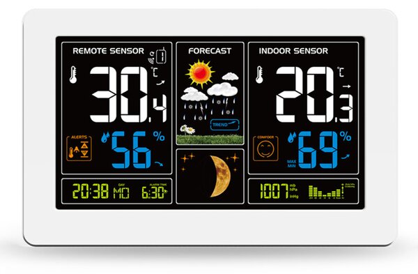 Solight meteostanice, extra velký barevný LCD, teplota, vlhkost, tlak, RCC, USB nabíjení, bílá TE81W