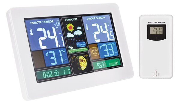 Solight meteostanice, extra velký barevný LCD, teplota, vlhkost, tlak, RCC, USB nabíjení, bílá TE81W