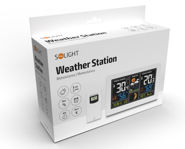 Solight meteostanice, extra velký barevný LCD, teplota, vlhkost, tlak, RCC, USB nabíjení, bílá TE81W