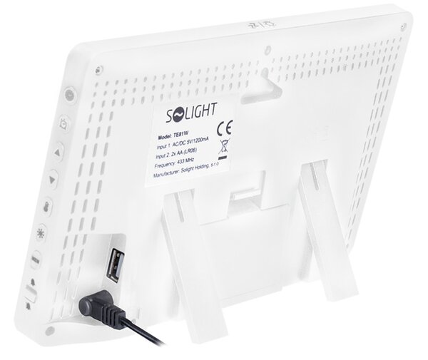 Solight meteostanice, extra velký barevný LCD, teplota, vlhkost, tlak, RCC, USB nabíjení, bílá TE81W