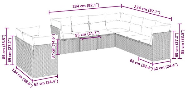 9dílná zahradní sedací souprava a podušky světle šedá polyratan 3217842