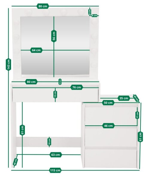 Toaletní stolek s LED zrcadlem bílý 145x35x115cm