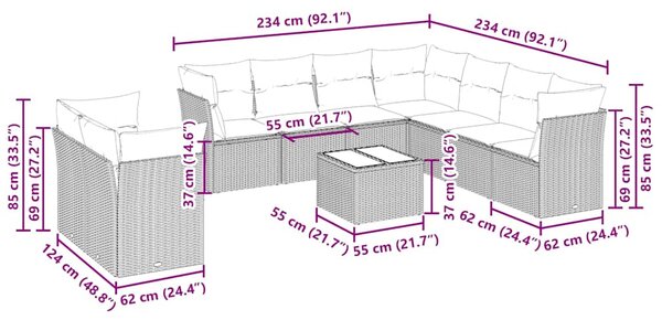 10dílná zahradní sedací souprava podušky světle šedá polyratan 3217852