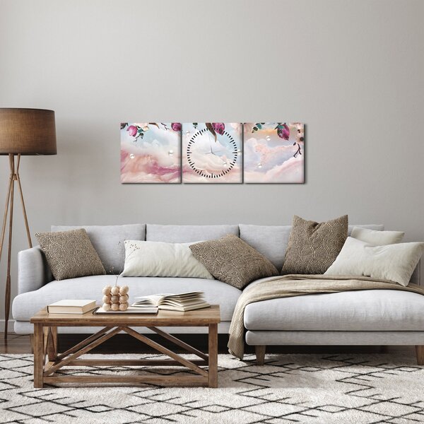 Obraz růžových květů s růžovým mramorem (s hodinami) (90x30 cm)