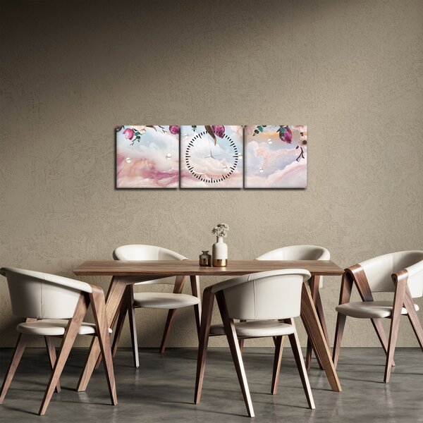 Obraz růžových květů s růžovým mramorem (s hodinami) (90x30 cm)