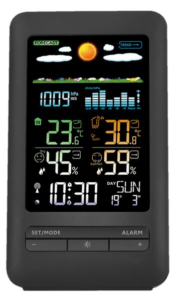 Solight meteostanice, barevný LCD, vnitřní/venkovní teplota a vlhkost, tlak, RCC, černá TE87