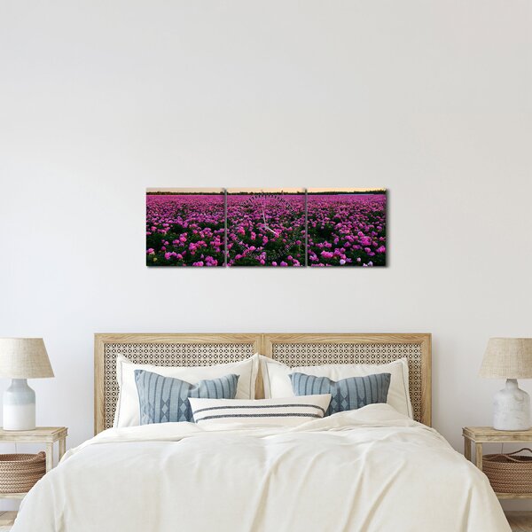 Obraz - Louka fialových tulipánů (s hodinami) (90x30 cm)
