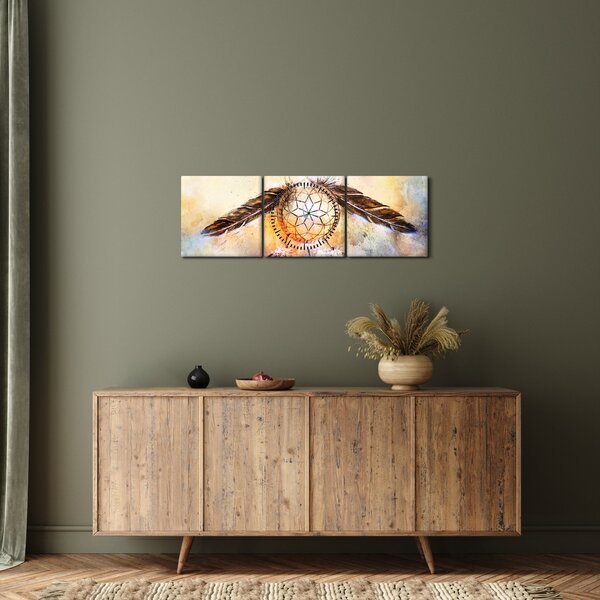 Obraz - Lapač snů s peříčky (s hodinami) (90x30 cm)