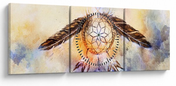 Obraz - Lapač snů s peříčky (s hodinami) (90x30 cm)