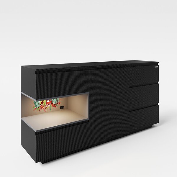 Roba příborník - 160 x 82 cm - 1 dvířka - 5 zásuvek - černá - s LED RGB podsvícením zadní stěny