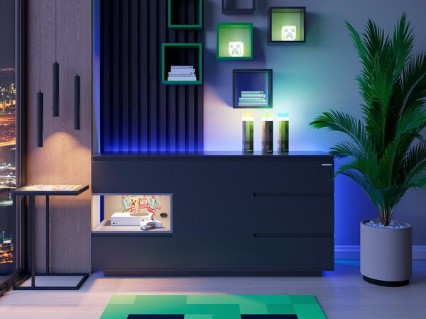 Roba příborník - 160 x 82 cm - 1 dvířka - 5 zásuvek - černá - s LED RGB podsvícením zadní stěny