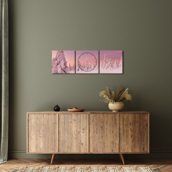 Obraz - Stromy pod sněhovou přikrývkou (s hodinami) (90x30 cm)