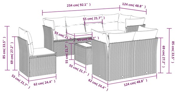 9dílná zahradní sedací souprava s poduškami šedá polyratan 3217940