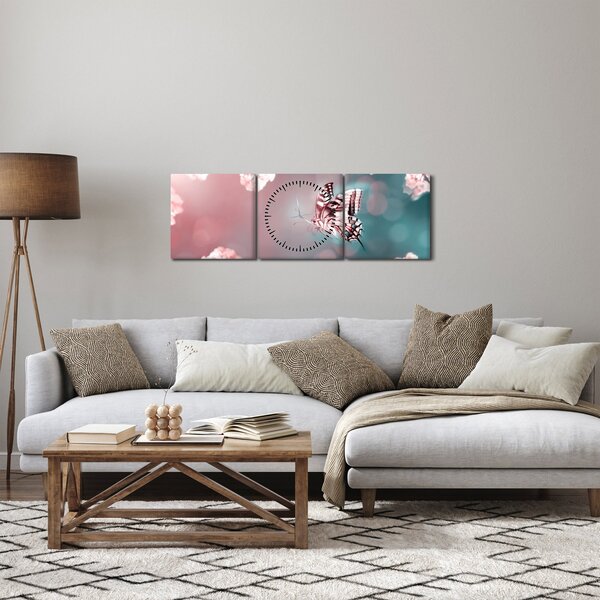 Obraz - Motýl mezi květy (s hodinami) (90x30 cm)