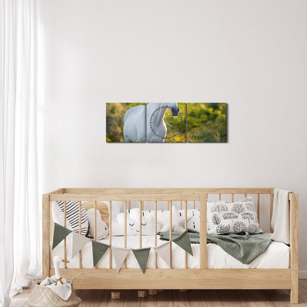 Obraz bílého koně na louce (s hodinami) (90x30 cm)