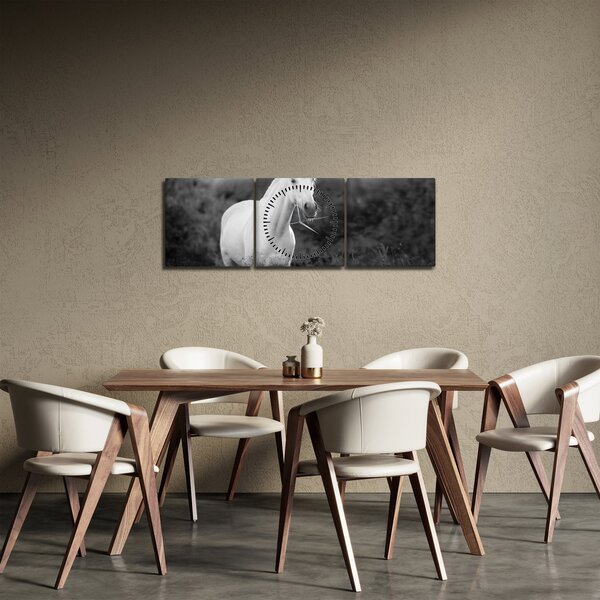 Obraz bílého koně na louce, černobílá (s hodinami) (90x30 cm)