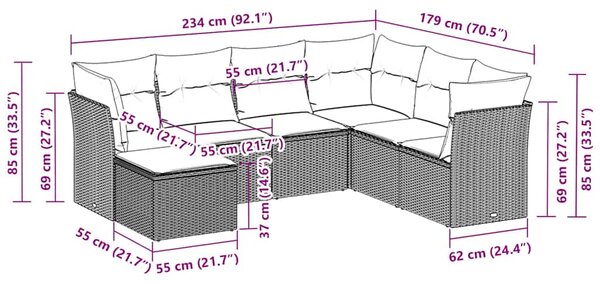7dílná zahradní sedací souprava a podušky světle šedá polyratan 3217992
