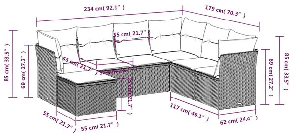 7dílná zahradní sedací souprava s poduškami černá polyratan 3217985