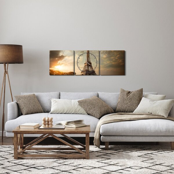 Obraz - Eiffelova věž, Paříž, Francie (s hodinami) (90x30 cm)