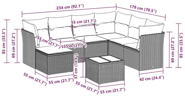8dílná zahradní sedací souprava a podušky světle šedá polyratan 3218002
