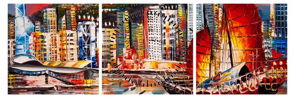 Obraz - Victoria Harbor, Hong Kong, olejomalba (s hodinami) (90x30 cm)