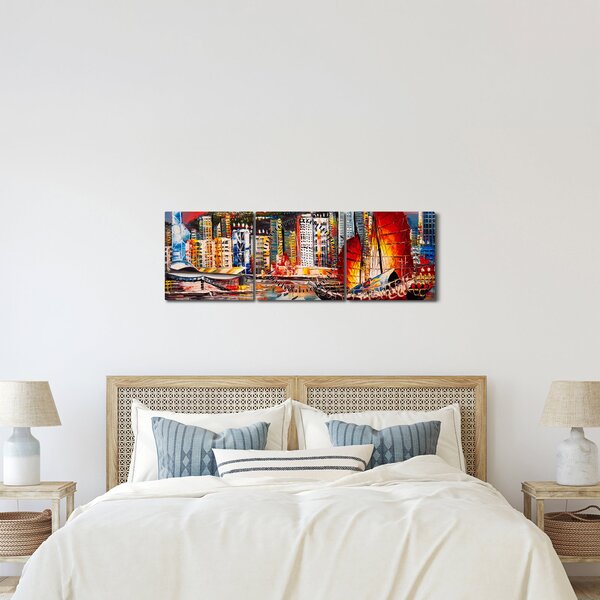Obraz - Victoria Harbor, Hong Kong, olejomalba (s hodinami) (90x30 cm)