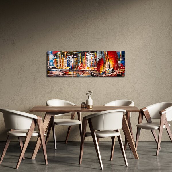 Obraz - Victoria Harbor, Hong Kong, olejomalba (s hodinami) (90x30 cm)