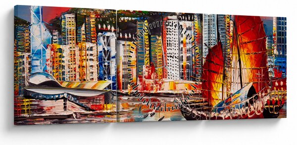 Obraz - Victoria Harbor, Hong Kong, olejomalba (s hodinami) (90x30 cm)