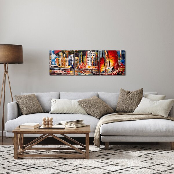 Obraz - Victoria Harbor, Hong Kong, olejomalba (s hodinami) (90x30 cm)