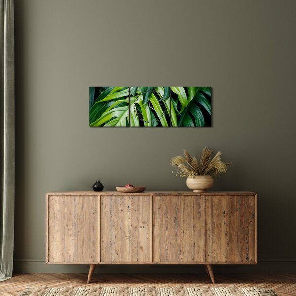 Obraz - Tropické listy (s hodinami) (90x30 cm)