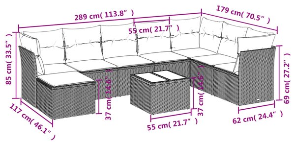 9dílná zahradní sedací souprava a podušky světle šedá polyratan 3218062