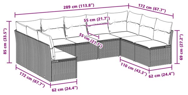9dílná zahradní sedací souprava a podušky světle šedá polyratan 3218072