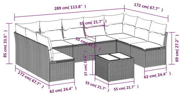 10dílná zahradní sedací souprava s poduškami šedá polyratan 3218080