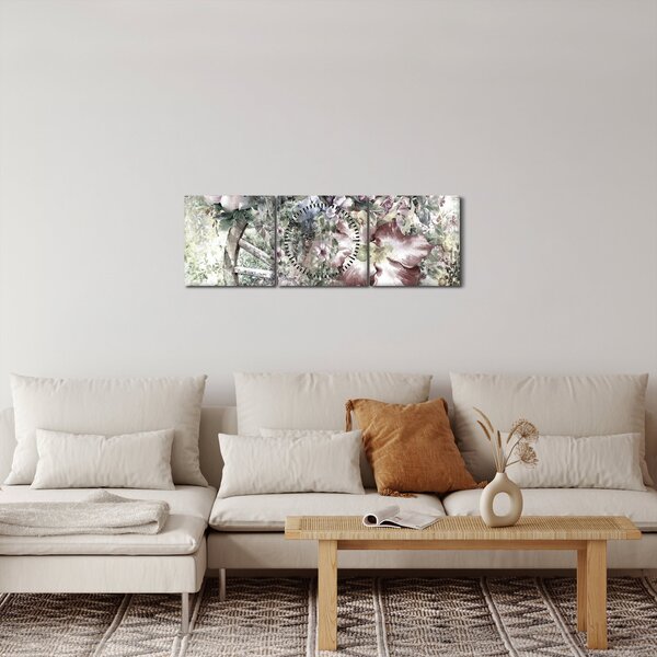 Obraz květin na dřevěném kole (s hodinami) (90x30 cm)