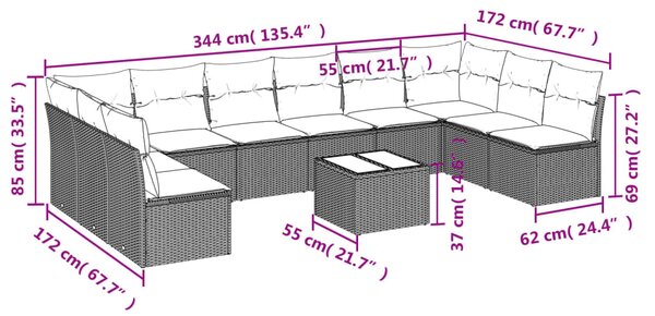 11dílná zahradní sedací souprava s poduškami šedá polyratan 3218102