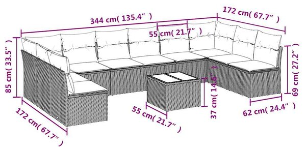 11dílný zahradní sedací souprava s poduškami hnědý polyratan 3218103