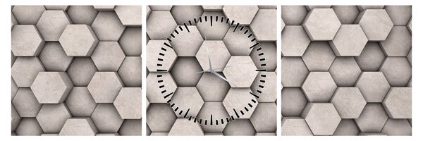 Obraz - Hexagony v betonovém designu (s hodinami) (90x30 cm)