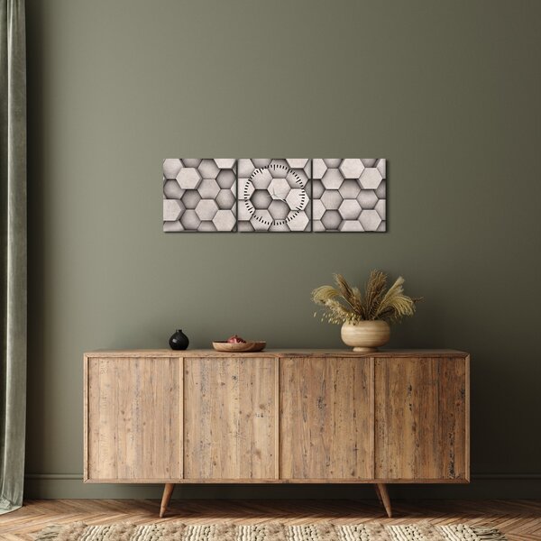 Obraz - Hexagony v betonovém designu (s hodinami) (90x30 cm)