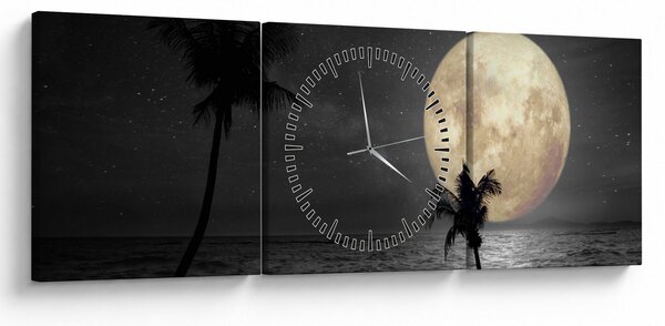 Obraz - Pláž za úplňku v šedých tónech (s hodinami) (90x30 cm)