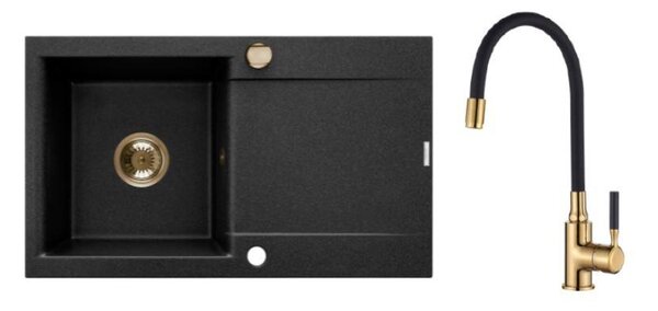 INVENA - Granitový dřez TESALIA dlouhý odkap, černý s automatickým sifonem, zlatý + baterie GLAMOUR AZ-01-Z43-SET