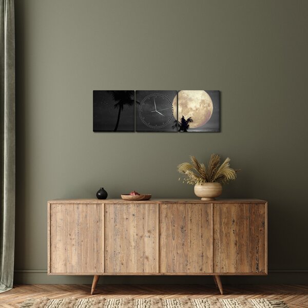 Obraz - Pláž za úplňku v šedých tónech (s hodinami) (90x30 cm)