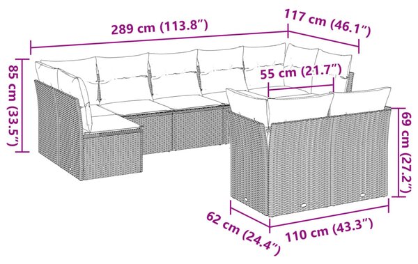 9dílná zahradní sedací souprava a podušky světle šedá polyratan 3218152
