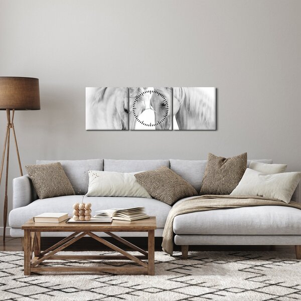 Obraz bílých koňů (s hodinami) (90x30 cm)
