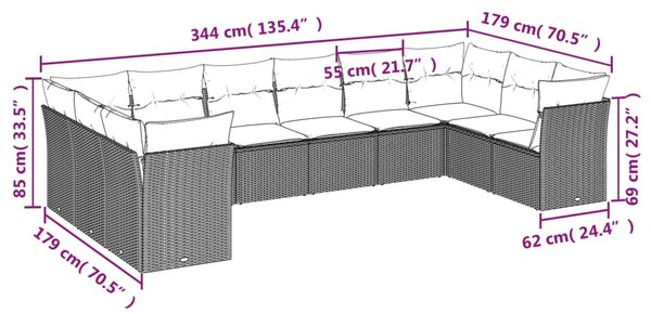 10dílná zahradní sedací souprava s poduškami šedá polyratan 3218200