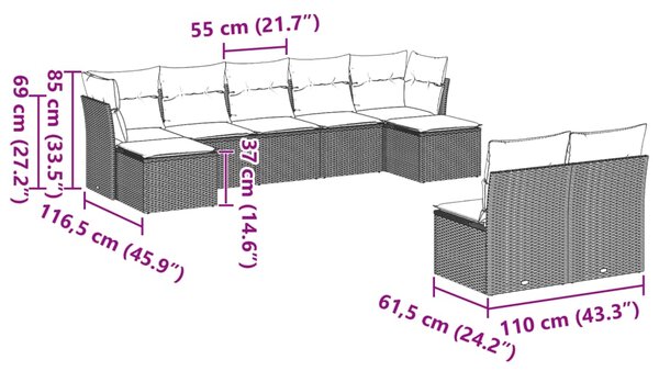 9dílná zahradní sedací souprava a podušky světle šedá polyratan 3218272