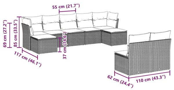 9dílná zahradní sedací souprava s poduškami hnědá polyratan 3218273