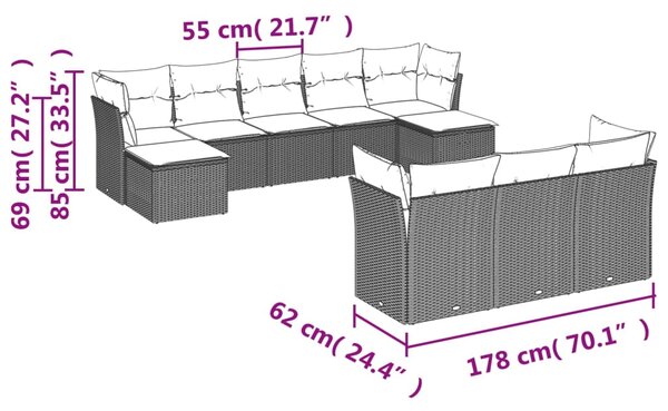 10dílná zahradní sedací souprava s poduškami šedá polyratan 3218330